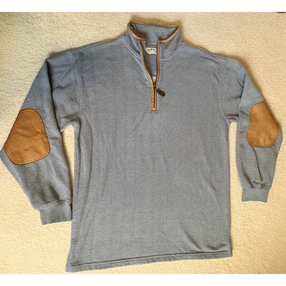 Orvis Men's 1/4 Zip Pullover Sweater Leather Elbow Patches M Blue